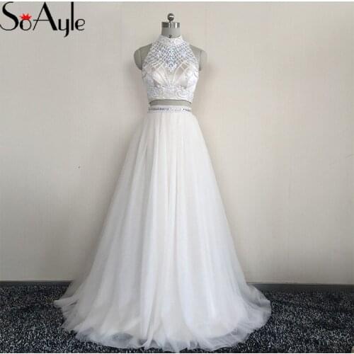 SoAyle A-Line Prom Dresses 2018 Two Pieces High Neck Evening Dresses Vestidos De Festa Plus Size Haute Couture Pearls Crystals