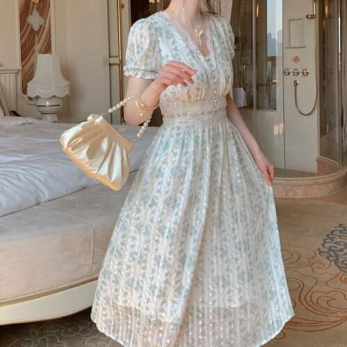 Bella 2021 New Summer Chiffon Dress High Quality Bright Silk Sexy Short Sleeve Vintage Patchwork Lace Midi Dress Boho Vestidos