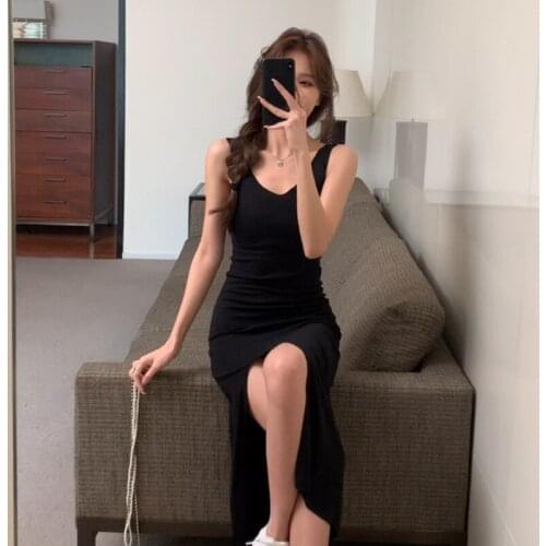 Summer Women Midi Korean Sleeveless Chic Simple Sexy Side Slit Stretch Casual One Piece Fashion Knitting Dress 2021 New Clothing