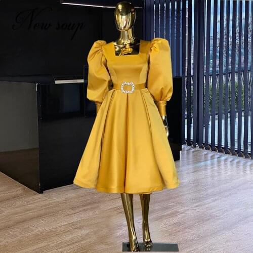 Yellow Tea Length Formal Cocktail Dress Simple Women Party Night Robes De Soiree Short Evening Celebrity Gowns 2021 Arabic Dubai