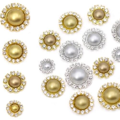 10Pcs Round Flower Button Gold Sliver Pearl Rhinestone For Clothes Flatback Decorative Button DIY Crafts Jewelry Accessories