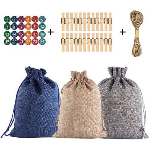 24 Days Christmas Burlap Hanging Advent Calendars Countdown Drawstring Gift Bags Candy Biscuit Pouches Present Gift Wrap With