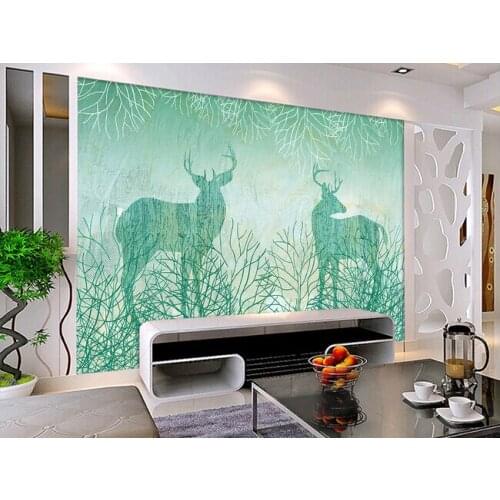 The custom 3D murals,3 d blue retro abstract hand drawn cartoon tree elk ,living room sofa TV wall bedroom wall paper