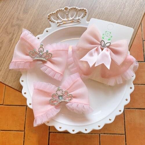 5pcs Soft Pink Mesh Hair Bow Clips Crystal Rhinestone Crown Princess Hairpins Lace Flower Bowknot Streamer Headwear Accessoires