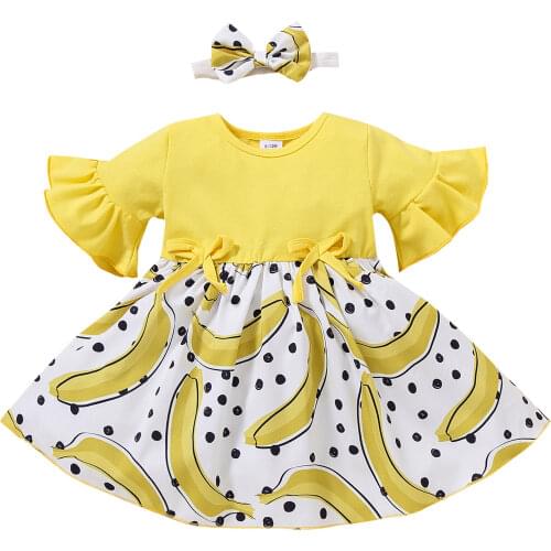 2 Pcs Cute Infant Summer Baby Girl Dress Outfits Fruit Print Flare Sleeve Bow Round Neck Dress + Bowknot Headband