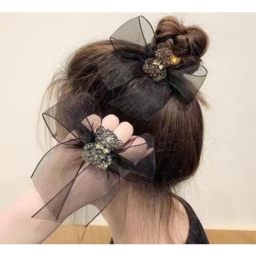 Elegant Temperament Bow Tie Hair Tie Simple Organza Hair Rope Hair Accessories Exquisite Cute Rhinestone Bear Head Rope