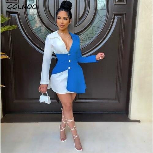 GGLNOO 2021 Deep V-neck Patchworl Shirt Dress Full Sleeve Casual Young Chiffon Slim Young Women Mini Dress