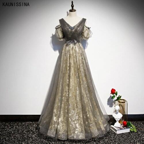 KAUNISSINA Beading V-neck Long Evening Dress Birthday Graduation Party Dresses Women Appliques Sequin Formal Prom Gowns Vestidos