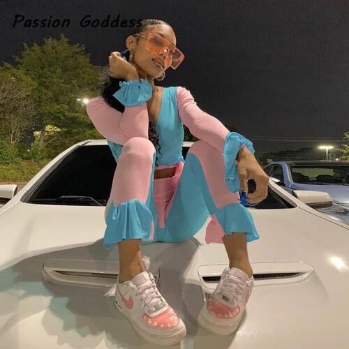 Sweet Women 2 Piece Blue Pink Patchwork Set Cute Bow Bandage Ruffles Sleeve Cropped Tops Slim Ruffles Leggings Two Piece Outfits