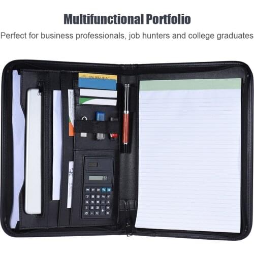 Multifunctional Professional Business Zippered Portfolio Padfolio Folder Document Case Organizer A4 PU Leather with Card Holder