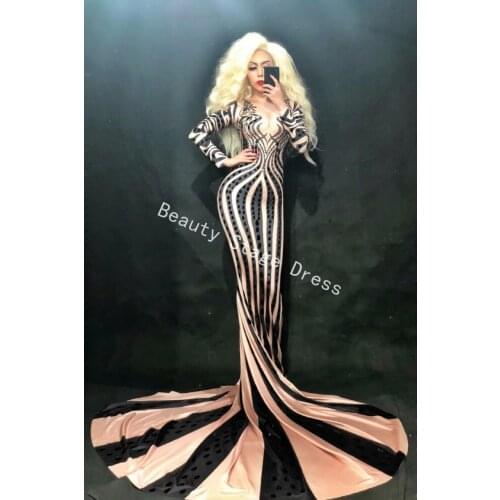 Fashion Black Sequins Rhinestones Dress Women Costume Prom Party Celebrate Long Train Dress Sexy Evening Skinny Dress