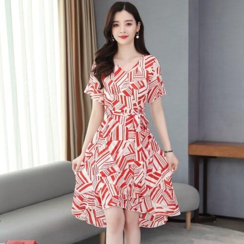 Fashion new womens printing dress andable waist V-neck printed silk A-line skirt Dress summerBeach dress