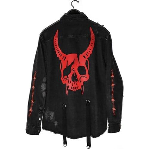2020 Harajuku Gothic Demon Hunter Skull denim jacket men Rock punk heavy metal Sweatshirt sudadera suspenders hole streetwear
