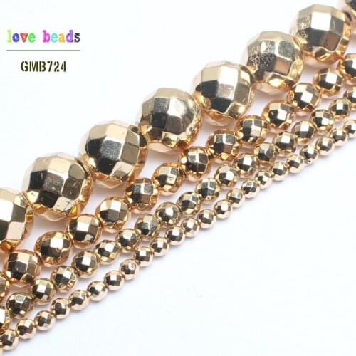 Natural Stone Beads Light Gold Faceted Hematite Round Loose Beads for Jewelry Making 15'' 3/4/6/8/10/12mm