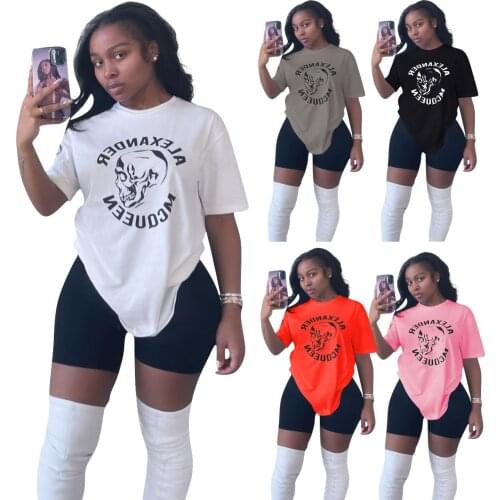Solid Color Letter Print Round neck Short Sleeve Loose Tshirt and Bodycon Shorts Two Piece Set Women Summer Casual Clothes