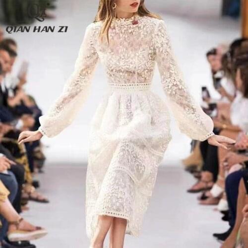 Qian Han Zi spring fashion designer autumn dress Womens lantern sleeves Hollow lace embroidery Slim Elegant white dress