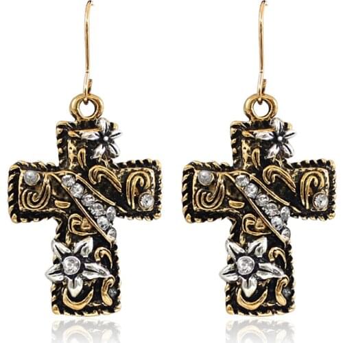 Vintage Carved Cross Earrings Rhinestones Cherry Blossom Ethnic Totem Handmade Earrings Bohemian Female Charm Jewelry Gifts