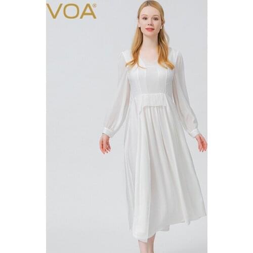 VOA Silk Jacquard Night Thinking White V-neck Pullover Shirt Long Sleeve Solid Color Lady Princess Big Pendulum Dress AE1031