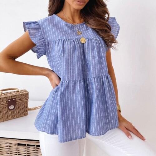 Summer Flying Sleeve Ruffle Tops Shirt Fashion Striped Print Women Blouse Pullover Casual O Neck Loose Shirts Blusas Streetwear
