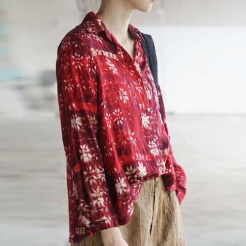 Johnature 2021 Spring New Fashion Retro Print Turn-down Collar Long Sleeve Single Breasted Shirt Simple Leisure Women Tops Shirt