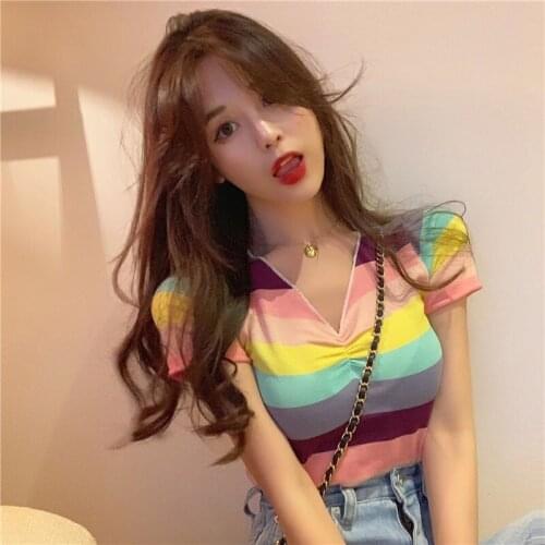 Woman TShirts Summer Rainbow Striped V-neck Knitted Short-Sleeved T-shirt Womens Clothing Crop Top Mujer Camisetas