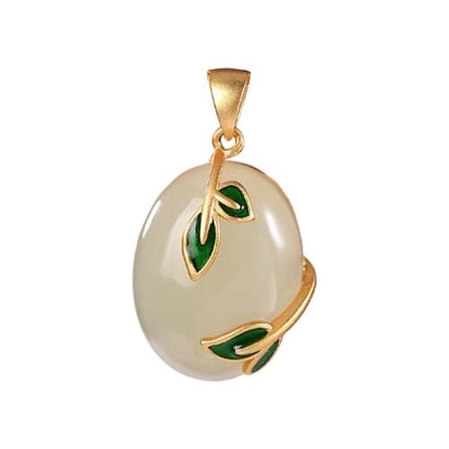 S925 sterling silver Gold plating Natural Hetian jade Pendant Retro Cloisonne Leaves Ladies Sweater chain Pendant