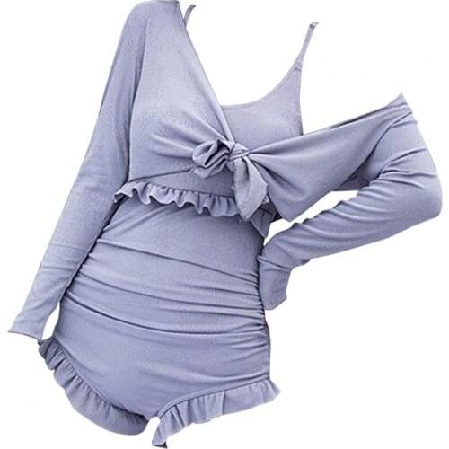 2Pcs/Set Women Swimsuit Sexy Backless High Waist Lace Up Solid Color One Piece Swimwear with Sunscreen Shirt Bathing Suit