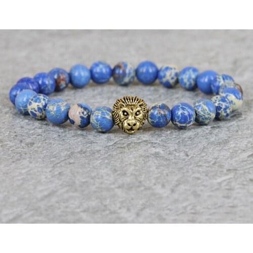 8mm Blue Sea Sediment Stone Bead with Antique Color Lion Mens Bracelet,2017 New Design High Grade Mens Jewelry