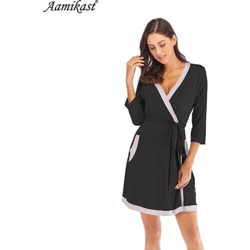 Aamikast Autumn AutumWomens Robe 3/4 Sleeve Solid Loose V Neck Self Belt Bathrobe Night Sexy Robes Night Grow Kimono Robe Pajama