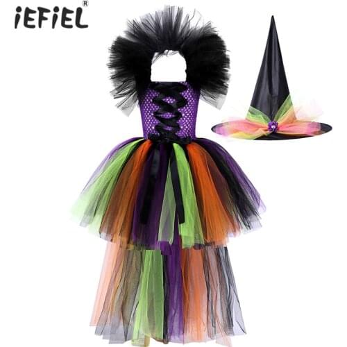 Kids Girls Halloween Wizard Cosplay Dress Halter Neck Sleeveless Crochet High-Low Hem Tutu Mesh Skirt for Halloween Party Dress