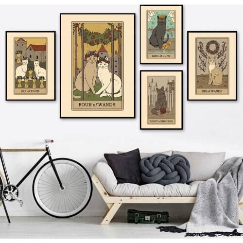 Canvas Cat Painting Home Decor Modular Three of Wands Picture Animal Print Retro Poster For Living Room Wall Art No Framework