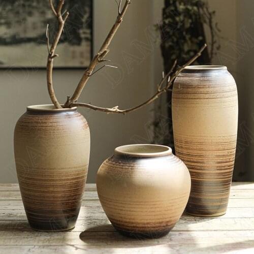 Retro Ceramic Vases Manual Stripe Relief Living Room Desktop Flower Vase Meeting Room Dried Flowers Organizer Home Decoration