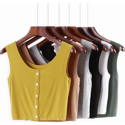 Women Crop Top Tank Button O Neck Sleeveless Short Tops Casual Beach Vest Female Camisole Tanks Sexy Elastic Summer Camis
