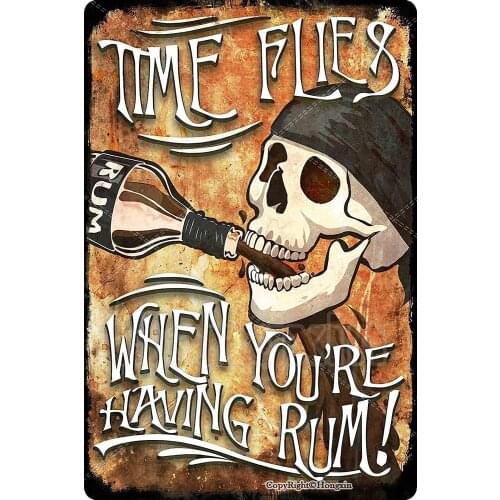 Metal Tin Wall Sign TIME FLIEG WHEN YOU'RE HAVING RUM Bar Wall Decoration Old-fashioned Retro Square Metal Sign 8X12 Inches