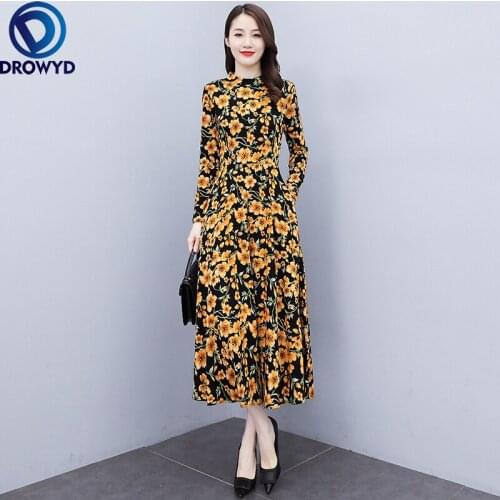 Fashion Women Boho Maxi Dress Autumn 2021 Office Lady Long Sleeve Floral Print Chiffon High Waist O-Neck Yellow Party Dresses