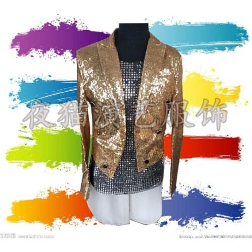 Men tuxedo suits designs homme terno stage costumes for singers men sequin blazer dance clothes jacket style dress rock gold