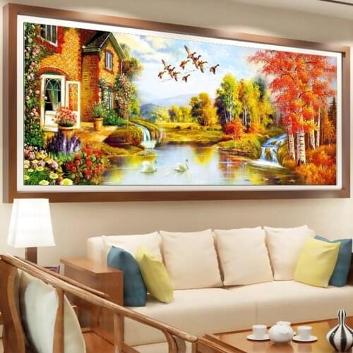 Gold landscape water house Needlework,DIY living room Cross stitch,Sets For Embroidery kit Full Cross-Stitching Silk Thread new