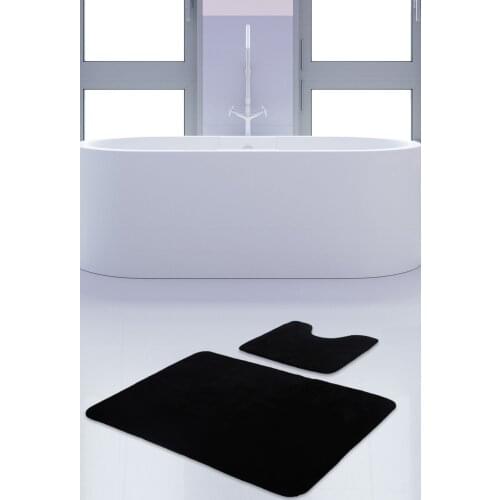 Unicolor Flat Black 2li Bath Mat Rug Set Non-Slip Toilet Seat Base Kit