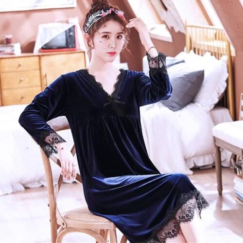 Fdfklak Elegant lace night dress women long sleeve warm home wear nightgown womens sleepwear night gown winter nightshirt