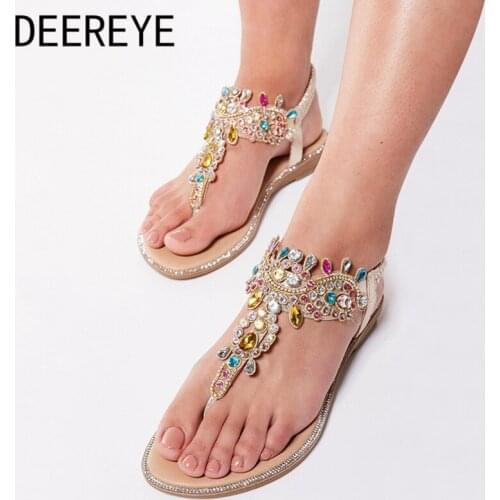 New Arrive Colorful Rhinestone Beach Flat Flip-Flops Girl Casual Sandals Round Toe Slip On Back Elastic Comfortable Roman Shoes