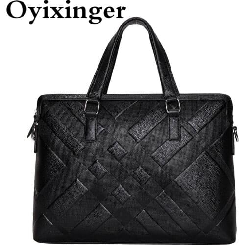 OYIXINGER Mens Genuine Leather Laptop Bag New Business Cowhide Shoulder Bag For 14 Inch Laptop Fashion Satchel Bags For Male