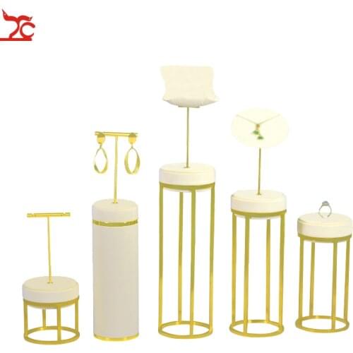 Gold Metal Rack Counter Jewelry ShowCase Beige Microfiber T Bar Earring Ring Necklace Pendant Jewelry Display Organizer Stand