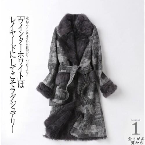 Luxury Womens Fur Coats Natural Sheep Fur Liner Woolen Coat Female Long Plaid Warm Winter Jacket Women 100% Wool Parka Top 1016