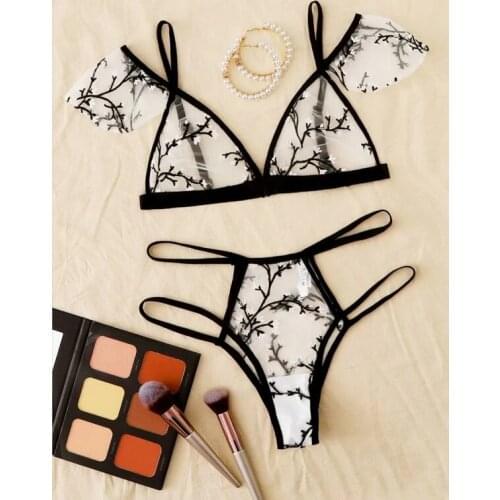 Sexy underwear women set Floral Embroidery Sheer Mesh Lingerie Set no bra Backless Bralette sexi Intimates lace bra set