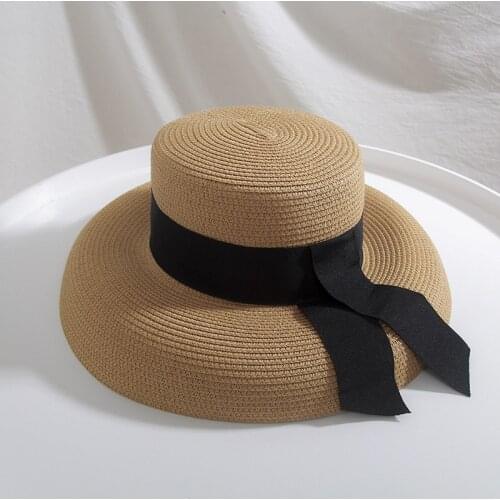 New Hepburn Sun Hat Summer Anti-UV Wide Brim Hat Women Elegant Black Ribbon Solid Plain Floppy Straw Hats For Female Beach Hat