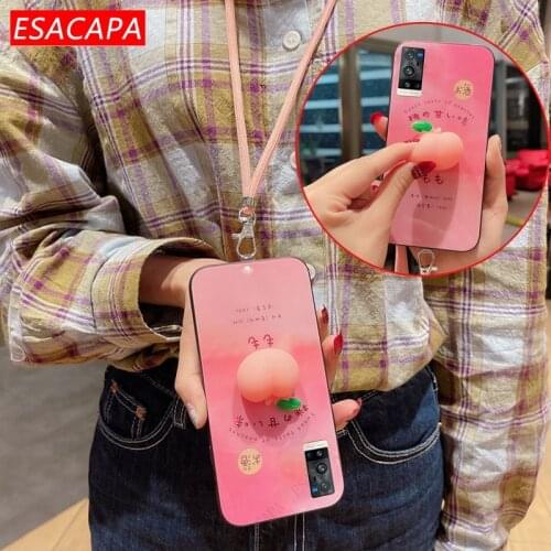 Tempered Glass Back Cover For Vivo X60 X50 Pro Plus Cute 3D Peach Relieve Stress Lanyard Necklace Phone Case For Vivo X51 X50E