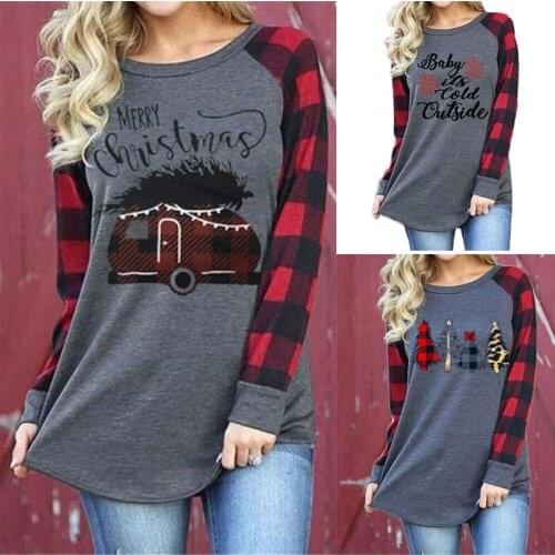 Women Merry Christmas Print Car Plaid Tee Raglan Top Casual Long Sleeve Casual Loose Gray Tee T-Shirt