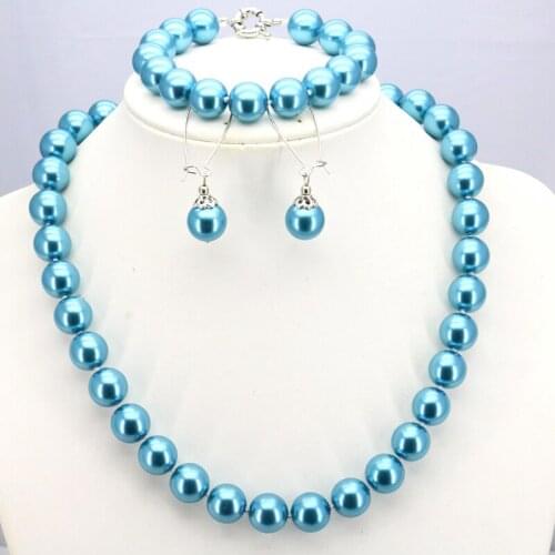 New!Blue glass pearl necklace set 12mm necklace 18"bracelet 7.5" earring women hot sale jewelry making design