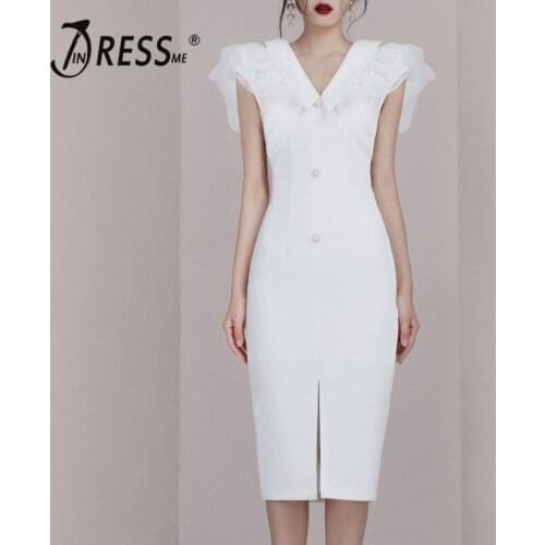 INDRESSME 2019 New Sexy Button Mesh V Neckline Sleeveless White Midi Dress Party Casual Style Women