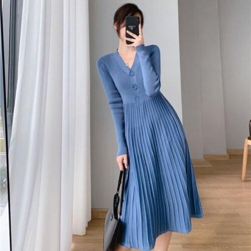 2021 New Korean Chic Style Elegant V-Neck Knit Dress Women Full Sleeve Slim Fit Sweater Dresses Single-Breasted Casual Vestidos